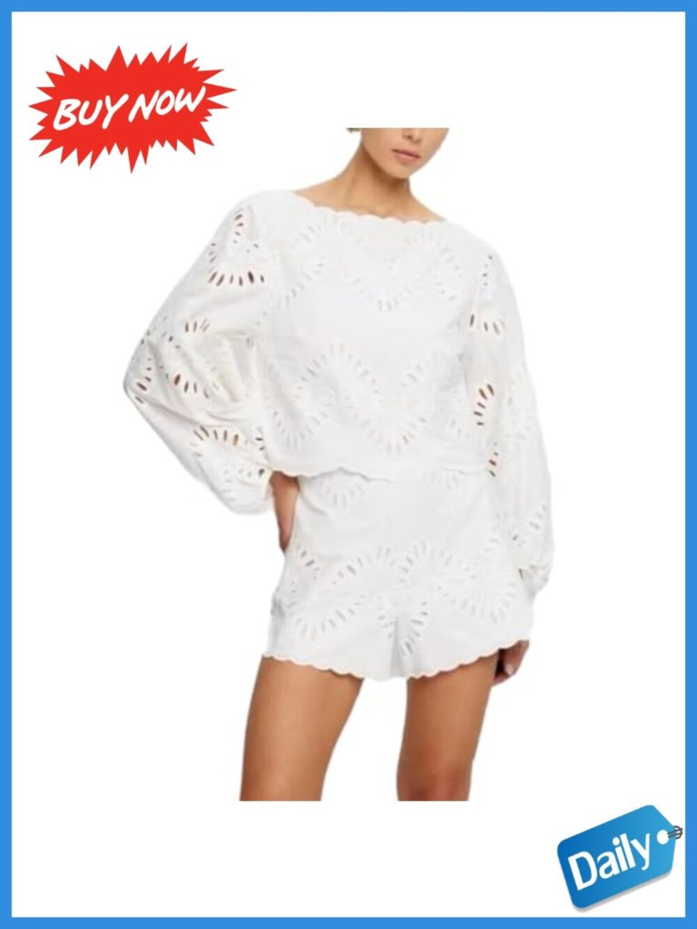 Women's Eyelet Lace Long Sleeve Top High Waist Shorts 2pc Set